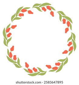 Round Frame with Bouquet Red Tulips. Festive decoration Circle Border Card with Spring Flowers. Vector illustration in flat style