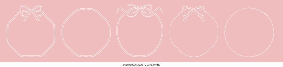 Round frame with bow and ribbons. Hand drawn coquette borders for wedding invitation card. Whimsical frames for birthday card, menu design and holiday graphic decoration. Minimalist girly line art.