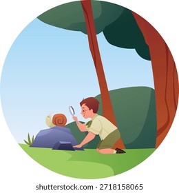 A round frame with a boy examining a snail on a rock through a magnifying glass, against a background of trees and sky. Camping, outdoor activities, leisure, adventure. Sticker. Vector. Flat style.