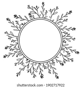 Rama de cuadro redondo con hojas de línea vectorial Ilustración floral sobre fondo blanco. Ilustración vectorial aislada. Dibujo de vectores. Símbolo decorativo. Fondo abstracto elegante