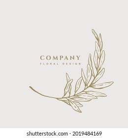 Round frame with branch of olive in gold color. Hand drawn floral logo template. Botanical trendy vector illustration for labels, logotypes, 
branding business identity, wedding invitation