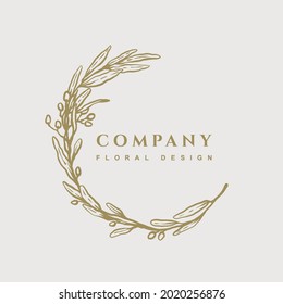 Marco redondeado con ramificación de olivo de color dorado. Plantilla de logotipo floral dibujada a mano. Ilustración vectorial de moda botánica para etiquetas, logotipos, 
identidad de negocio de marca, invitación de boda