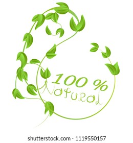 round frame of branches with fresh green leaves with natural inscription isolated on white background
