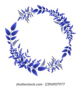 Round frame of branches with leaves and berries in blue tones, isolated on a white background. Vector frame for wedding, holiday cards, invitations.