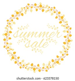 Round frame of branches with leaves and berries with the inscription: "summer sale".