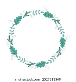 Round frame with branches and leaves. Winter frame with empty space for text. Christmas and New Year. Isolated vector illustration.
