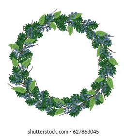 A round frame of branches of a tree, green leaves of oak and other deciduous plant and violet berries. Botanical composition. Forest in summer or early autumn. Vector illustration, isolated on white.