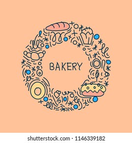 round frame, bread products, cakes, donuts, baked, vector graphics