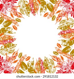 round frame from bright autumn leaves prints on white background