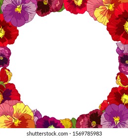 round frame of bright colors of pansies. Vector illustration for cards, greetings, holidays.