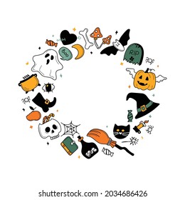 Round frame from bright cool elements for Halloween. Pumpkin, Skull, Ghost, Gravestone, Spider, Candy, Broom, Hat, Eye, Potion, Bone, and more. Happy holiday. Great for postcards, advertising banners