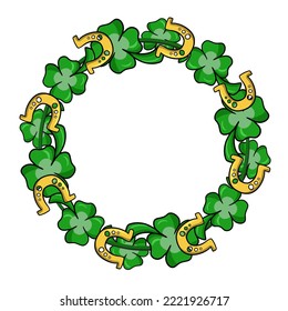 Round frame, bright green leaves, four-leaf clover, golden horseshoe, copy space, vector illustration in cartoon style