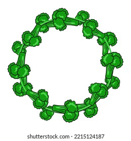 Round frame, bright green ripe pieces of broccoli, copy space, vector illustration in cartoon style