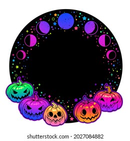 round frame with bright halloween pumpkins and stars