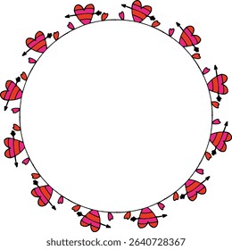 Round frame with bright hearts on white background. Vector image.