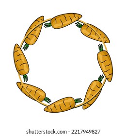 Round frame, bright orange ripe vegetables, carrots, copy space, vector illustration in cartoon style