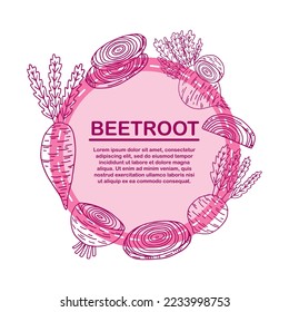 Round frame, bright purple ripe beetroot, root crop, copy space, vector illustration in cartoon style on a white background