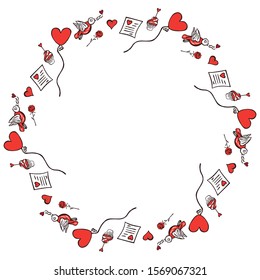 A round frame of bright red hearts, singing birds, roses, balloons, cakes and letters with declarations of love on a white background. Happy Valentine's Day. Hand-drawn template for text. Vector.