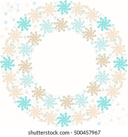 Round frame from bright snowflakes. For fabric, cloth design, wallpaper. Vector greeting card template. Design artwork for the poster, tee shirt, pillow, home dÃ©cor.