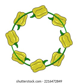 Round frame, bright yellow ripe vegetables, pepper, copy space, vector illustration in cartoon style