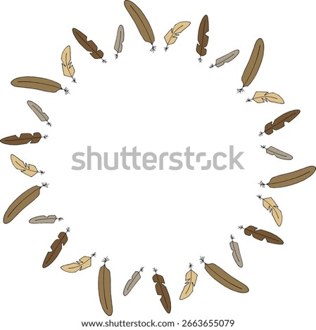 Round frame with with brown and beige feathers on white background. Vector image.