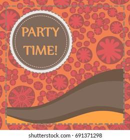 Round frame of brown color over hand drawn elements seamless background. Childish Party Poster. Flyer, Greeting Card, Invitation, Menu Design Template. Vector illustration