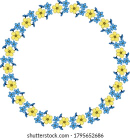 Round frame with buttercups and flowers forget-me-not on white background. Vector image. 
