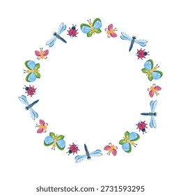 Runder Rahmen mit Schmetterlingen, Libellen und Marienkäfer. Leerer Platz für die Beschriftung in der Mitte. Saisonale handgezeichnete Karte, Poster, Web-Banner. Vektorgrafik auf weißem Hintergrund.