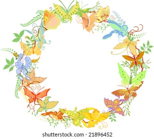 Round frame from butterflies and plants