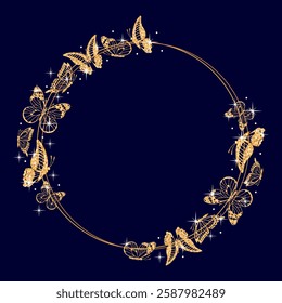 Round frame of butterfly silhouettes from shining gold glitter, Danaus plexippus, Graphium sarpedon, and Swallowtail. Ideal for various design projects, showing elegance and diversity in nature.