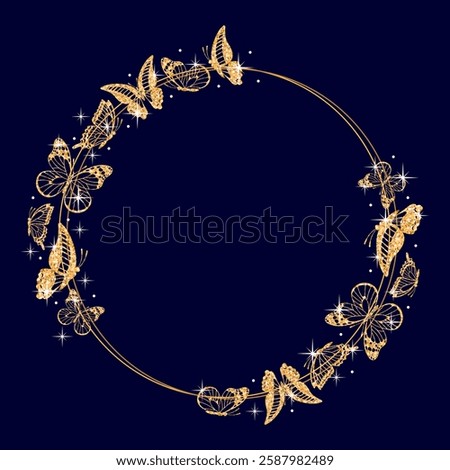 Round frame of butterfly silhouettes from shining gold glitter, Danaus plexippus, Graphium sarpedon, and Swallowtail. Ideal for various design projects, showing elegance and diversity in nature.