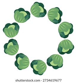 Round frame with cabbage. Hand-drawn colorful harvest and lettuce leaves. Healthy organic food. Fresh, healthy vegetables.