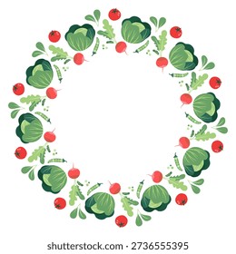 Round frame with cabbage, radishes, and tomatoes. Hand-drawn colorful lettuce leaves, vegetables, and kitchen utensils. Healthy organic produce. Fresh, healthy vegetables.