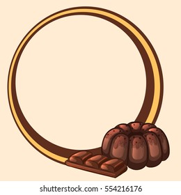 Round frame with a cake and chocolate bar. Vector illustration.
