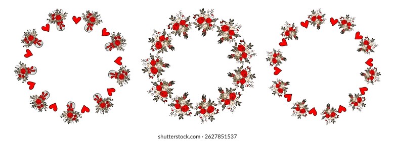 Quadro redondo com capybaras em um estilo maravilhoso, coroa, cartão. Corações, flores em um estilo minimalista. Flor geométrica. Ilustração vetorial. Brilhantes corações retrô.