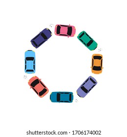 Round frame with cars driving and copy space inside. Top view on automobiles. Flat vector frame for web design or print