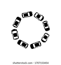 Round frame with cars driving and copy space inside. Top view on automobiles. Flat vector illustration for web design or print