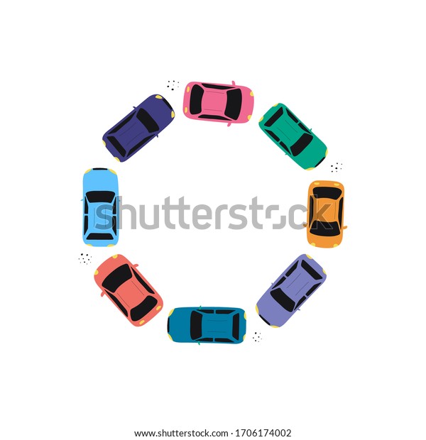 Round frame with cars driving and copy space\
inside. Top view on automobiles. Flat vector frame for web design\
or print