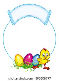 Round frame with cartoon chicken and Easter eggs