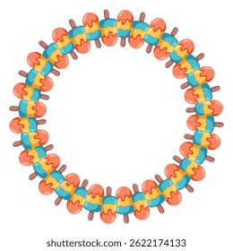 Round frame of cartoon colorful popsicles. Fun and sweet summer wreath. Vector isolated illustration on white background.