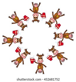 Round frame with cartoon cows. Vector clip art.