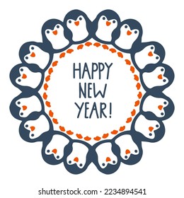 Round frame with cartoon penguins. Vector illustration.