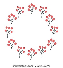 Round frame of cartoon twigs with berries. Hand drawn. Vector illustration.