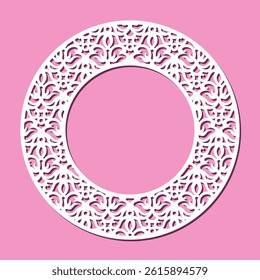 Round frame with carved ornament. Border, edge for mirror, postcard, photo. Floral plant pattern. Template for plotter laser cutting of paper, wood carving, metal engraving, cnc. Vector illustration.