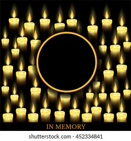 Round frame in center of burning candles on black background. a template
