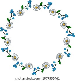 Round frame with chamomile and flowers forget-me-not on white background. Vector image.