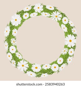 Round frame of chamomile. Wreath with beautiful vector branches. For creating postcards, invitations, labels. Flat vector illustration.