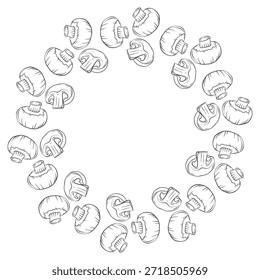 Marco redondo con champignons. Setas dibujadas a mano. Alimentación vegetariana con vitaminas para preparar platos deliciosos y saludables.