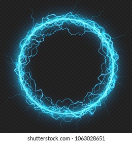 Round frame with charged energy elementary particle, glowing lightning, electric element. Isolated on transparent background. EPS 10 vector file