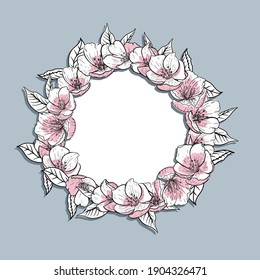 Round frame of cherry blossoms and leaves.  Sakura branches. Invitation. Title page.
